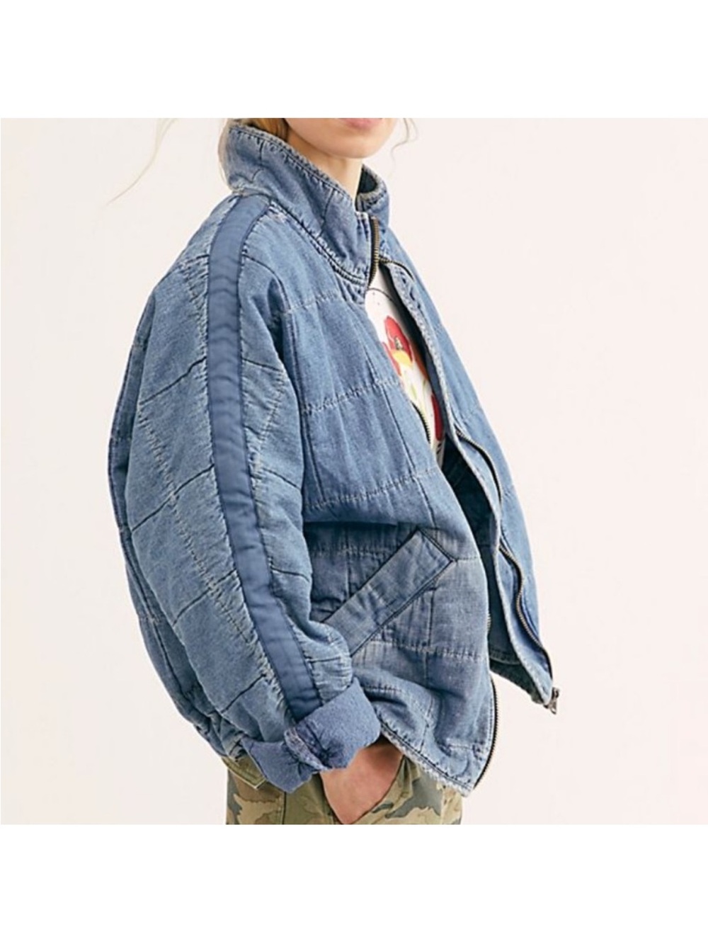Free People Quilted Light Blue Bomber Jacket - Picture 5 of 11